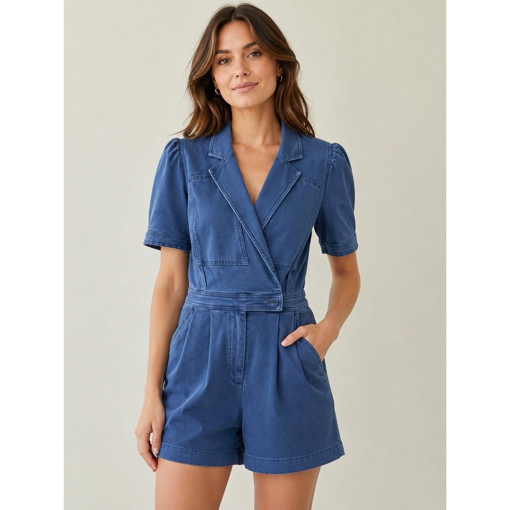 Day + Moon Women’s Denim Romper Size S Blue Short Sleeve Utility Pockets